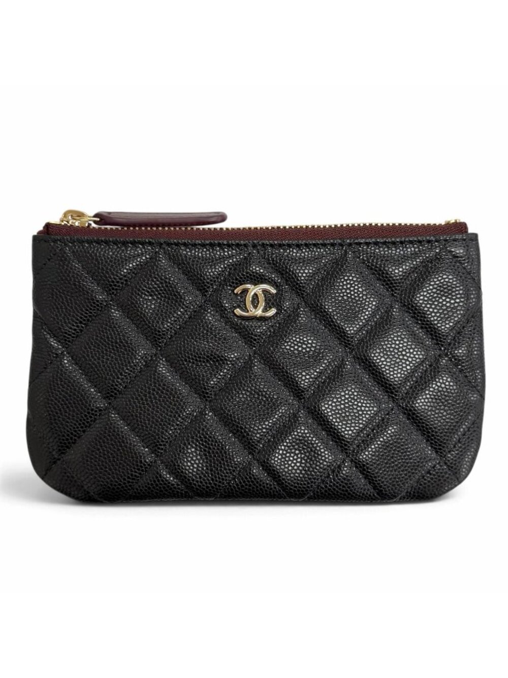 Chanel Caviar Leather CC Logo Quilted Classic Small Zip Pouch Mini Black Gold